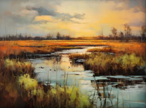 Dafen Village Studios’ Tailor – Made Autumn Palette Lakeside Artwork: 100% Handcrafted Oil Painting with Textured Appeal for Rustic Wall Decoration