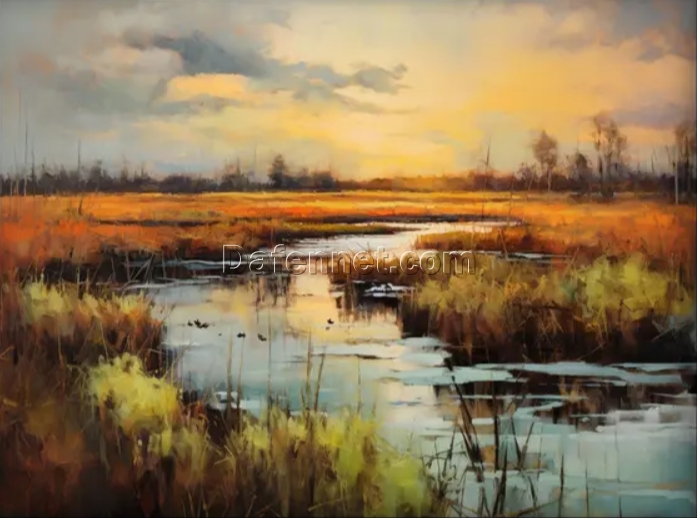 Dafen Village Studios’ Tailor – Made Autumn Palette Lakeside Artwork: 100% Handcrafted Oil Painting with Textured Appeal for Rustic Wall Decoration