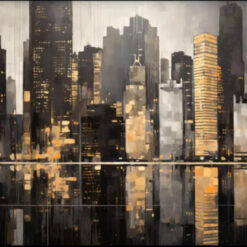 Custom 100% Hand - Painted Black and Gold Cityscape Skyline Oil Painting: Abstract Wall Art for Modern Living Rooms