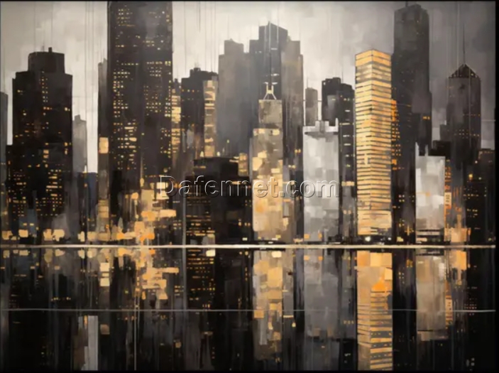 Custom 100% Hand – Painted Black and Gold Cityscape Skyline Oil Painting: Abstract Wall Art for Modern Living Rooms
