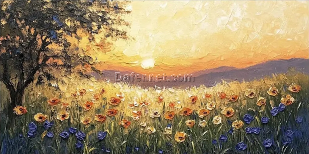 Custom 100% Hand – Painted Vibrant Wildflower Sunset Meadow Oil Painting: Textured Wall Art for Living Rooms