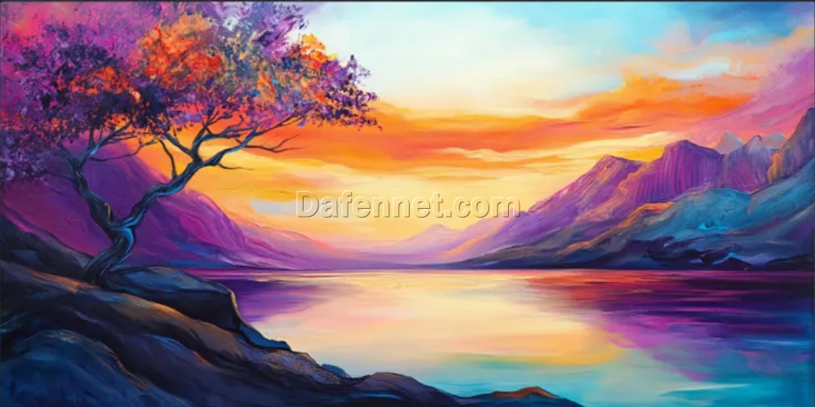 Dafen Village Exclusive! Hand – Painted Colored Tree Sunset Canvas — Original Textured Wall Art for Nature Lovers