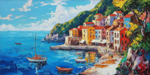 Dafen Village Original! Hand – Crafted 3D White Sailboat Art with Shell Architecture: Abstract Seascape Canvas for Coastal Homes
