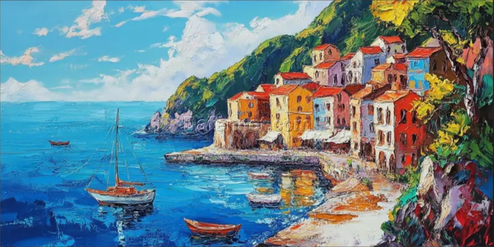 Dafen Village Original! Hand – Crafted 3D White Sailboat Art with Shell Architecture: Abstract Seascape Canvas for Coastal Homes