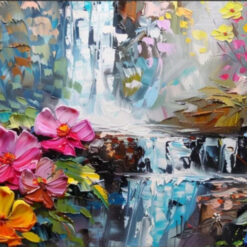 Dafen Village Exclusive! Hand - Painted Outdoor Waterfall Landscape Canvas: Colorful Floral Palette Knife Art for Bohemian Homes
