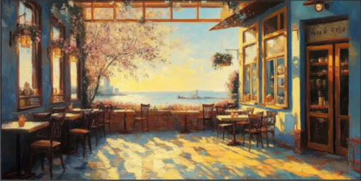Tailor – Made Modern Art: City and Sailboat Paintings with 3D Textures for Coffeehouse Ambiance