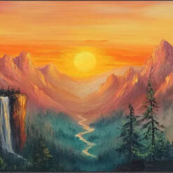 Handcrafted Sunset - Inspired Wall Art: Orange Mountain Creek Scenes with Green Landscape Textures in Abstract Style