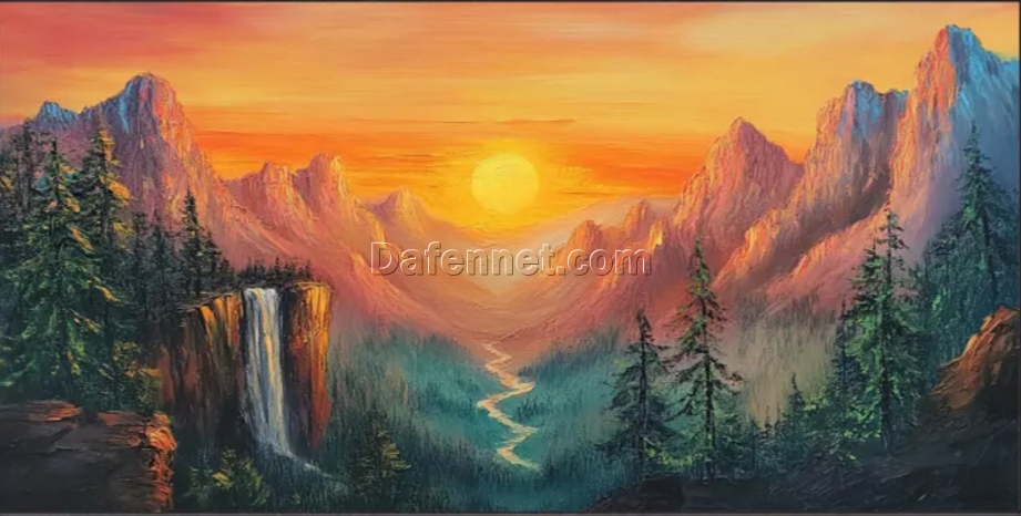 Handcrafted Sunset – Inspired Wall Art: Orange Mountain Creek Scenes with Green Landscape Textures in Abstract Style