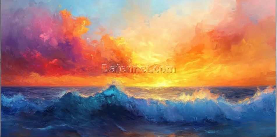 Dafen Village Custom 3D Abstract Ocean Canvas in Gold, Blue & Red for Living Room and Hotel Decoration