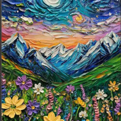 Handmade 3D Modern Wall Art by Dafen Village: Moonlit Mountain Paintings with Wildflower Meadow Scenes