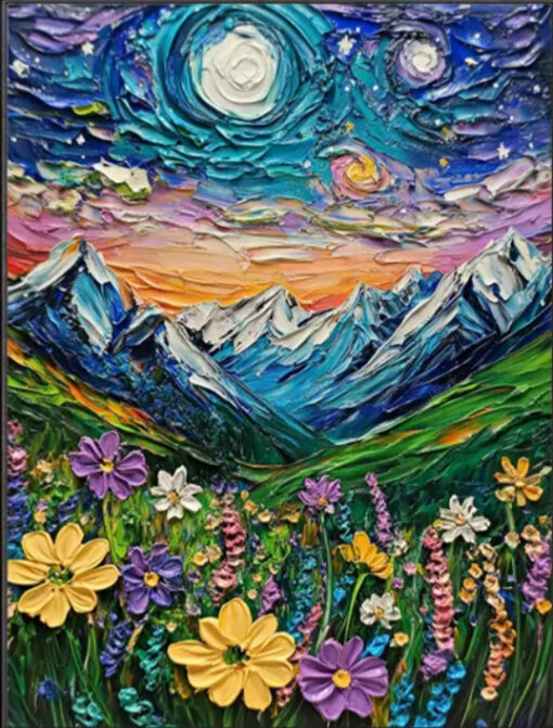 Handmade 3D Modern Wall Art by Dafen Village: Moonlit Mountain Paintings with Wildflower Meadow Scenes