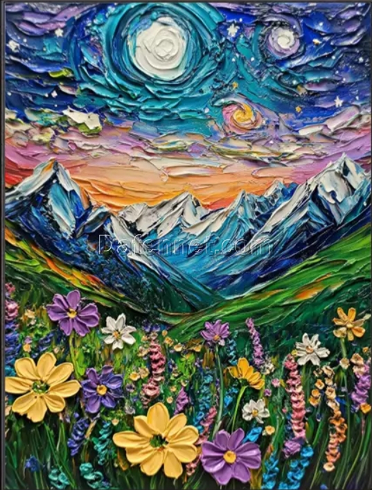 Handmade 3D Modern Wall Art by Dafen Village: Moonlit Mountain Paintings with Wildflower Meadow Scenes