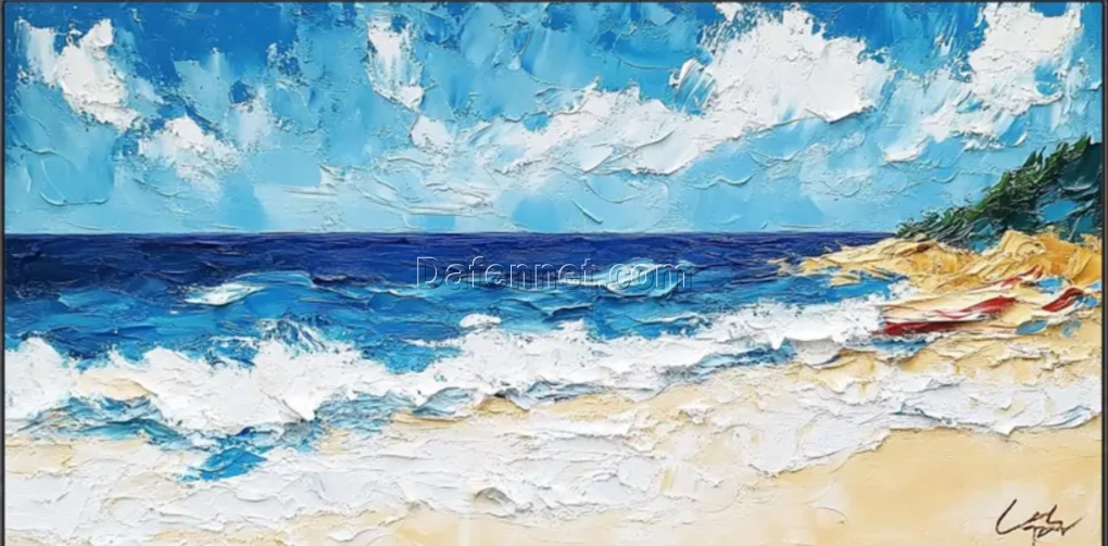 Dafen Village Custom 3D Blue Ocean Canvas: Minimalist Wave Painting for Wabi – Sabi Bedroom Decor