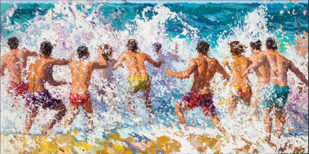 Dafen Village Custom Large – Scale Oil Painting: Summer Beach Scene with Swimming Crowd and Ocean Landscape for Wall Art