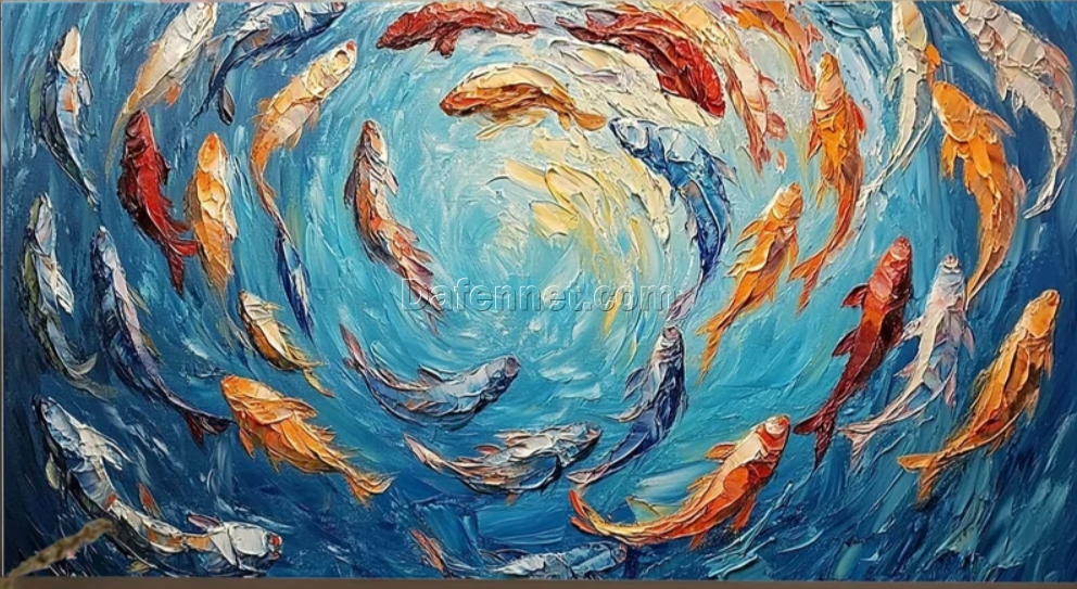 Handcrafted by Dafen Village: Primitive 3D Textured Koi Carp Oil Painting for Colorful Aquatic Wall Art