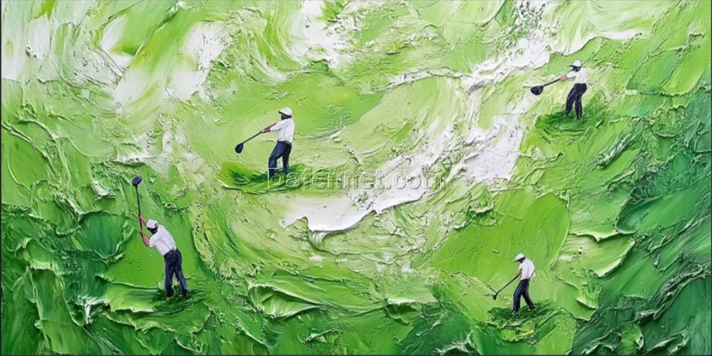 Dafen Village Custom 3D Oil Painting: Snowy Winter Golf Scene with Green Textures for Home and Hotel Wall Decor