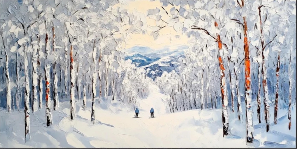 Dafen Village Custom Canvas: Hand – painted Personalized Skiing Art with Snow – Capped Mountain Backdrop for Winter Wall Decor