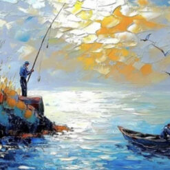 Dafen Village Masterpiece: Textured Canvas Art of Blue Ocean Sunset Fishing with Sailing Boats and Seagulls—Essential for Fishing Enthusiasts’ Collections