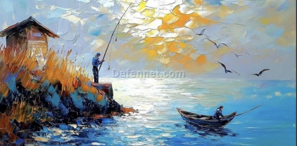 Dafen Village Masterpiece: Textured Canvas Art of Blue Ocean Sunset Fishing with Sailing Boats and Seagulls—Essential for Fishing Enthusiasts’ Collections