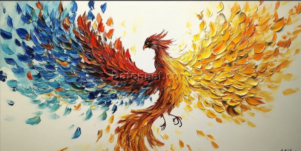 Dafen Village Custom Canvas: Original Phoenix Painting with Vibrant Feather Textures for Modern Living Room Decor