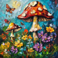 Dafen Village Studio’s Exclusive: Customizable 3D Mushroom Art on Canvas with Red Wall Aesthetic for Designer Homes
