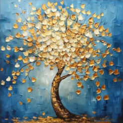 Dafen Village Custom Canvas: 3D Textured Gold Foil Painting of Jingangdeng Trees Under a Colorful Night Sky for Living Room Statement