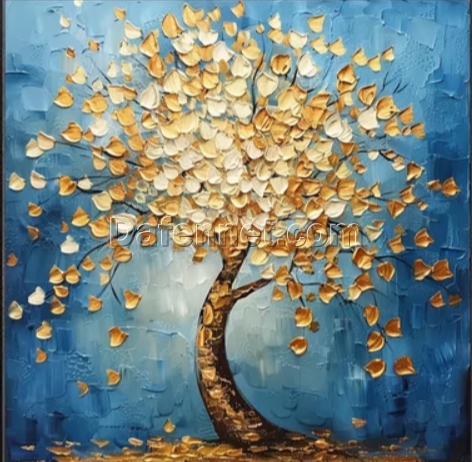 Dafen Village Custom Canvas: 3D Textured Gold Foil Painting of Jingangdeng Trees Under a Colorful Night Sky for Living Room Statement