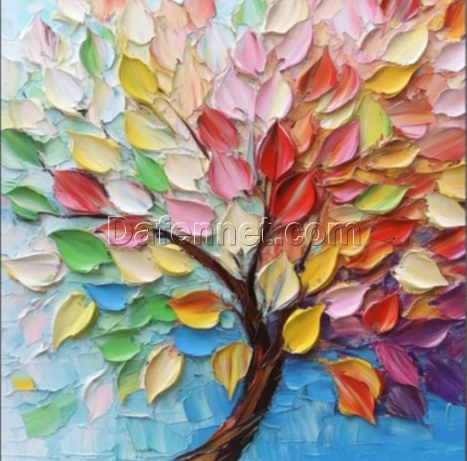 Dafen Village Custom Canvas: Original Hand – Painted Square Oil Painting of Colorful Landscape Trees with Heavy Texture for Living Room, Dining Room & Porch Decor