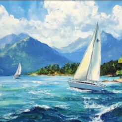 Dafen Village Custom Canvas: Abstract Blue Sailboat Landscape Oil Painting with 3D Frame and Sea Textures for Large Living Room Decor