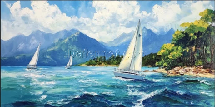 Dafen Village Custom Canvas: Abstract Blue Sailboat Landscape Oil Painting with 3D Frame and Sea Textures for Large Living Room Decor