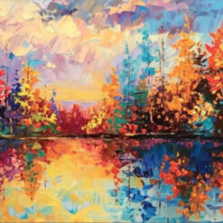 3D Hand - Palette Knife Painted Autumn Lake Landscape Oil Painting: Multicolored Forest Scene for Grand Living Room Decor