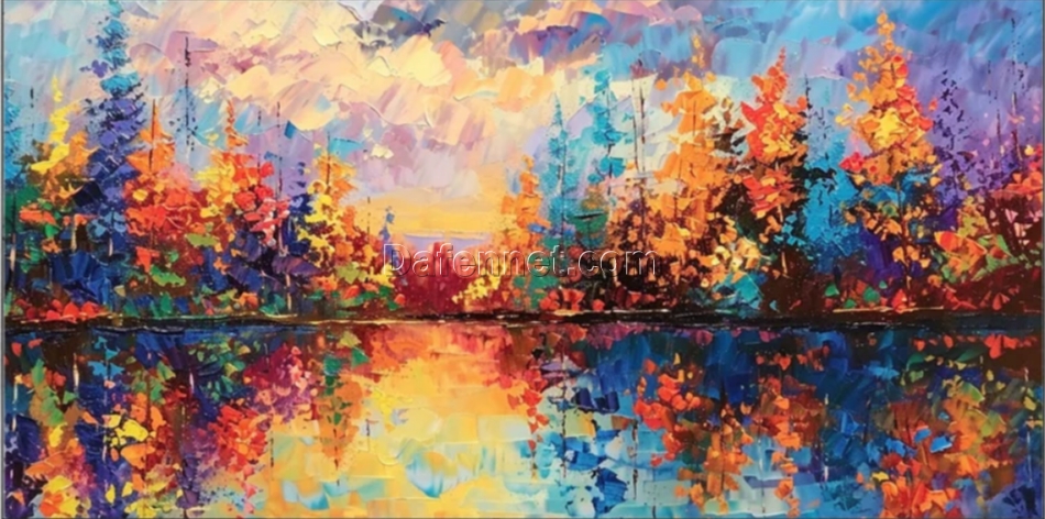 3D Hand – Palette Knife Painted Autumn Lake Landscape Oil Painting: Multicolored Forest Scene for Grand Living Room Decor