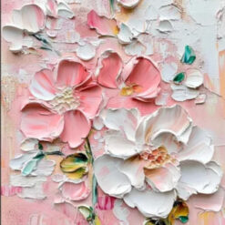 Tailored Pink & White Floral Wall Art: Canvas - Based Original Painting with Textured Finish, Ideal for Fantasy - Inspired Living Spaces
