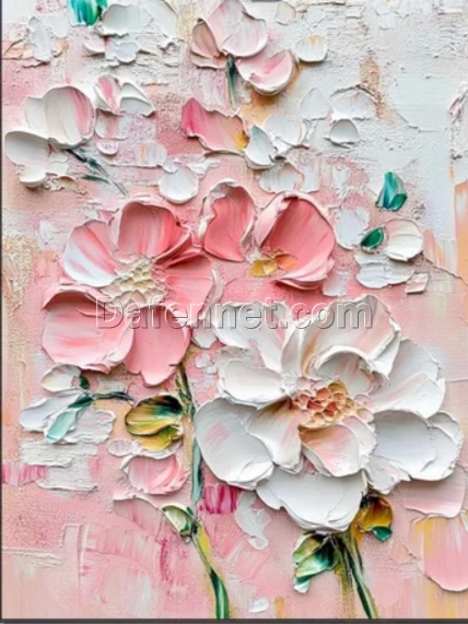 Tailored Pink & White Floral Wall Art: Canvas – Based Original Painting with Textured Finish, Ideal for Fantasy – Inspired Living Spaces