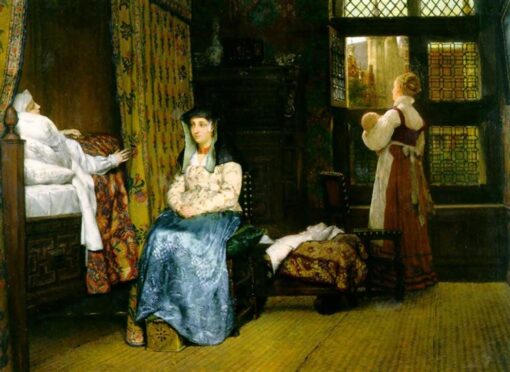 Exquisitely Hand-Painted Oil on Panel Inspired by Sir Lawrence Alma-Tadema’s ‘A Birth Chamber, Seventeenth Century’ (1868) – A Delicate Romantic Genre Replica by Dafen Village Artists for Art Lovers and Dutch Interior Enthusiasts