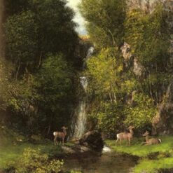 Exquisitely Hand-Painted Oil on Canvas Replica of Gustave Courbet's 'A Family of Deer in a Landscape with a Waterfall' - A Realistic Masterpiece by Dafen Village Artists for Nature Lovers and Art Collectors