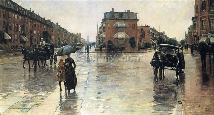 Hand-Painted Replica of Childe Hassam’s “A Rainy Day in Boston” (1885) – Mesmerizing Impressionist Genre Oil Painting on Canvas from Dafen Village, Ideal for Art Buffs and Boston Enthusiasts