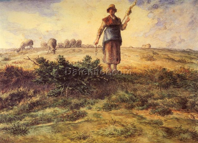 High-Quality Reproduction of Jean-Francois Millet’s “A Shepherdess And Her Flock” – Realist Genre Oil Painting from Renowned Dafen Village Studios for Art Collectors