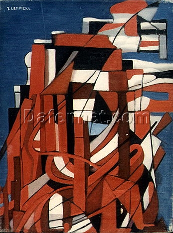Abstract Composition in Red and Blue I” – Tamara de Lempicka 1953 Cubist Oil on Canvas