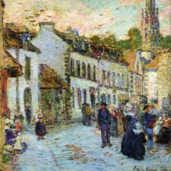 Hand-Painted Replica of Childe Hassam's "An Evening Street Scene, Pont Aven" - Alluring Impressionist Genre Oil Painting on Canvas from Dafen Village, Ideal for Art Buffs and Lovers of French Village Aesthetics