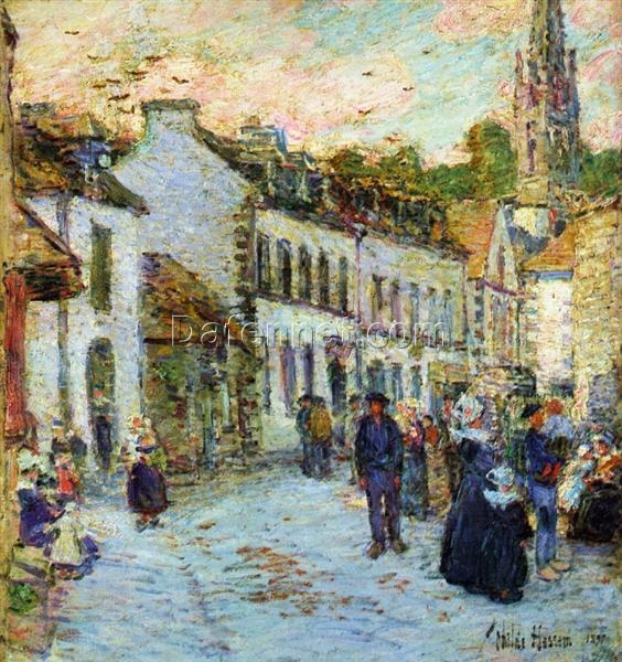 Hand-Painted Replica of Childe Hassam’s “An Evening Street Scene, Pont Aven” – Alluring Impressionist Genre Oil Painting on Canvas from Dafen Village, Ideal for Art Buffs and Lovers of French Village Aesthetics