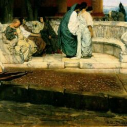 Exquisitely Hand-Painted Oil on Canvas Inspired by Sir Lawrence Alma-Tadema's 'An Exedra' (1869) - A Charming Romantic Genre Replica by Dafen Village Artists for Art Aficionados and Ancient Architecture Enthusiasts