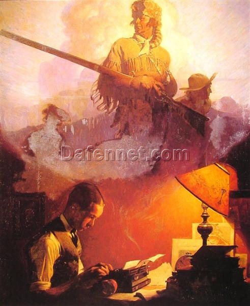 Dafen Village Presents: Inspired by 1923 Norman Rockwell’s ‘And Daniel Boone Comes to Life on the Underwood Portable’ – Regionalism Oil Canvas Artwork