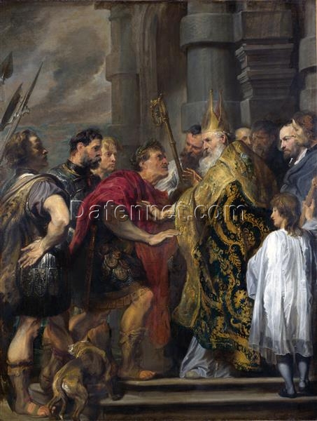 Collector’s Treasure: Dafen Village’s High-Quality “Emperor Theodosius Forbidden by St Ambrose To Enter Milan Cathedral” INSPIRED BY Van Dyck’s Baroque Genre Oil Painting