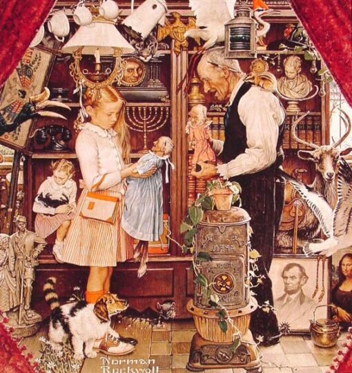 Dafen Village’s Authentic – looking Replica of Norman Rockwell’s 1948 ‘April Fool Girl with Shopkeeper’ – Perfect for Decorating with a Touch of Retro Charm