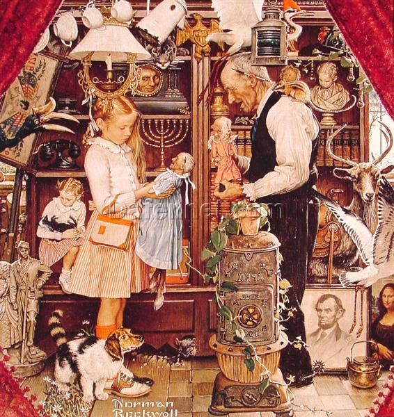 Dafen Village’s Authentic – looking Replica of Norman Rockwell’s 1948 ‘April Fool Girl with Shopkeeper’ – Perfect for Decorating with a Touch of Retro Charm