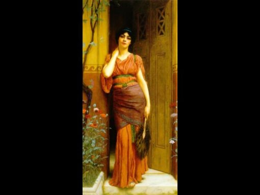 Authentic – looking ‘John William Godward Inspired’ Oil Portrait of ‘At the Garden Door’ from 1901, Hand – crafted in Dafen Village for Neoclassical Portrait and Fine Art Collectors