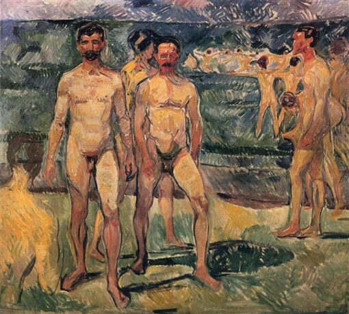 Peinture à l'huile sur mesure inspirée de « Les baigneurs » d'Edvard Munch – Reproduction expressionniste peinte à la main par DaFen Village Studio | Œuvre d'art grand format pour la décoration de la maison, du bureau et de l'hôtel