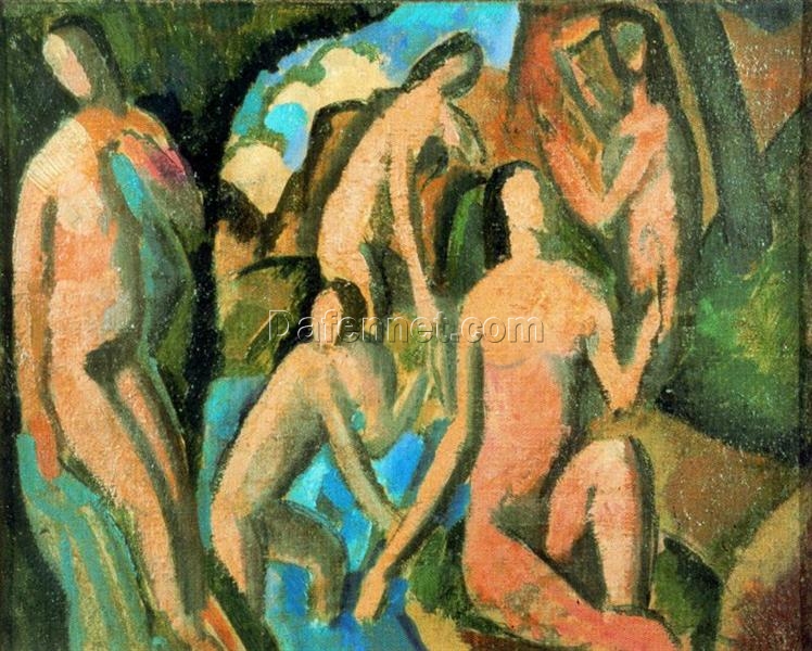Exquisite Hand-Painted Oil Painting Inspired by Andre Derain’s c.1908 ‘Bathing Women’ – A Grand Cubist Genre Masterpiece from Dafen Village Studio for Art Aficionados