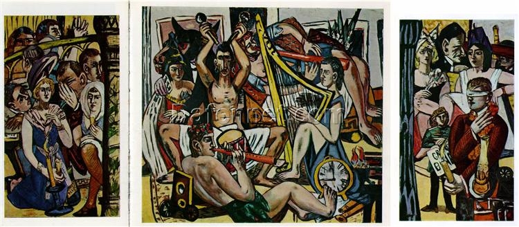 1945 Max Beckmann-Inspired Expressionist Genre Painting “Blindman’s Buff” Oil Canvas